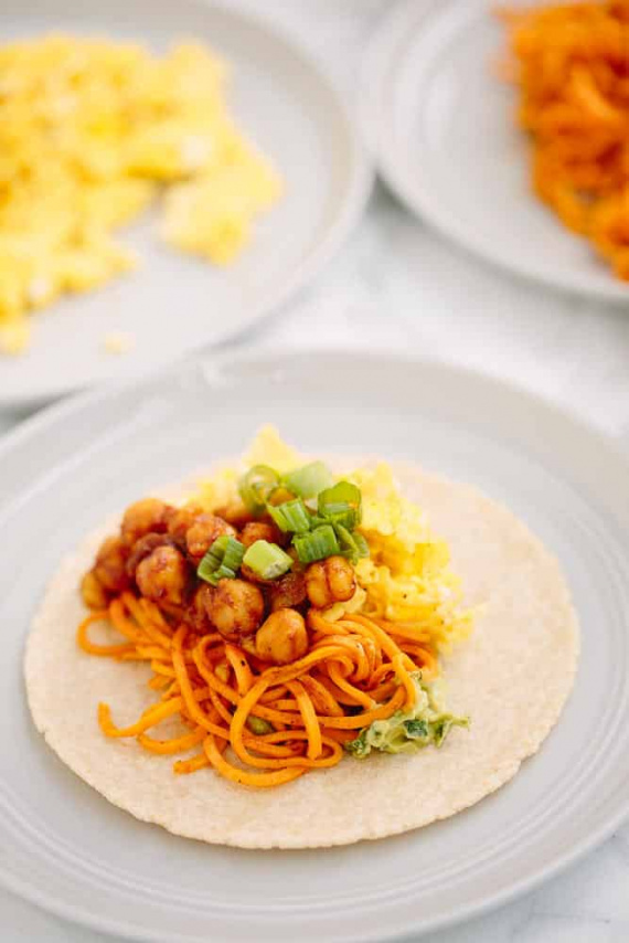 BBQ Chickpea Sweet Potato Noodle Breakfast Tacos with Eggs, Avocado Sauce and Scallions