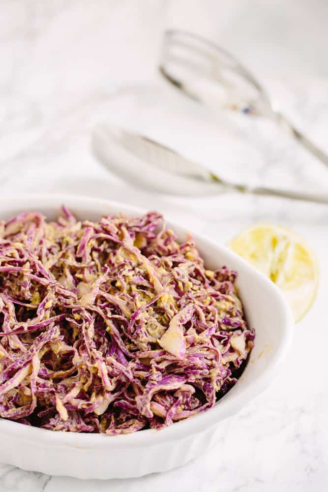 Spiralized Red Cabbage Slaw with Vegan Chipotle-Lime Dressing