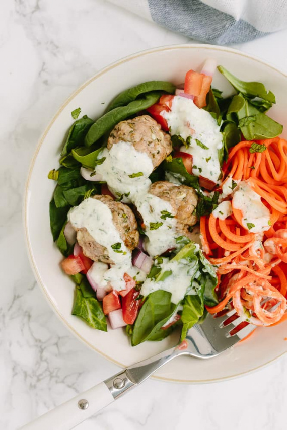 Deconstructed Greek Meatball Gyro Bowls with Spiralized Carrots