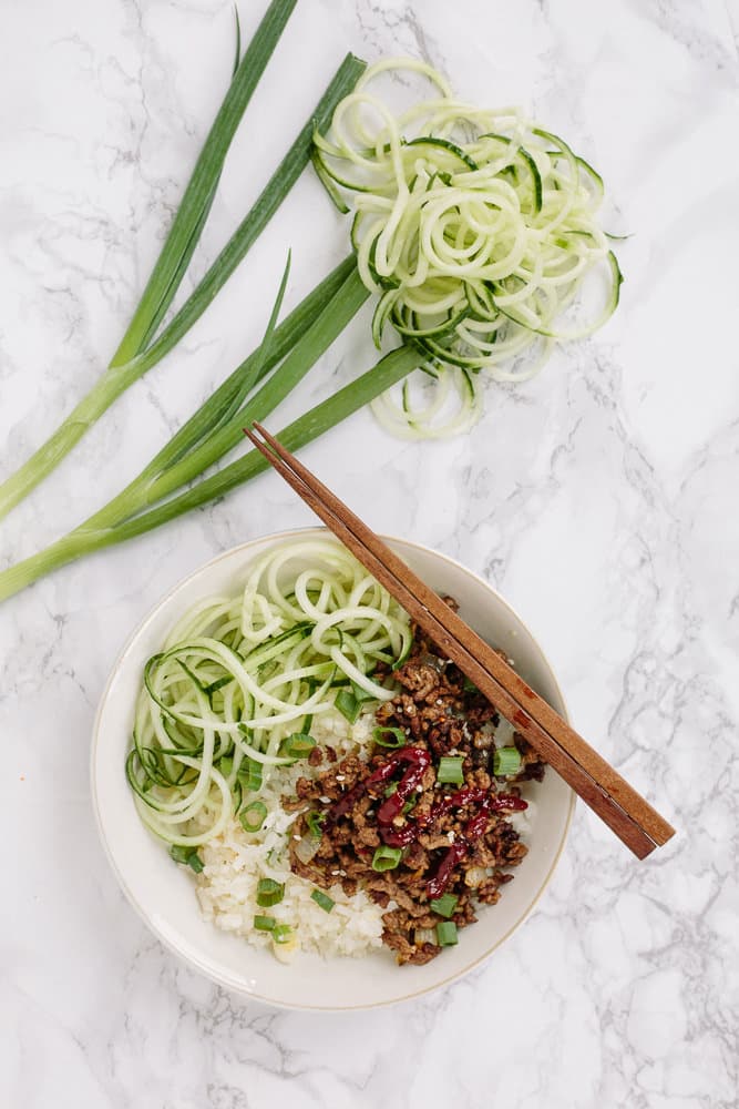 Korean Beef Rice Bowls with Spiralized Cucumbers
