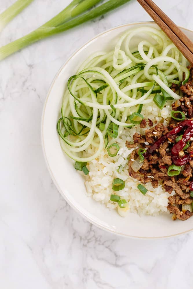 Korean Beef Rice Bowls with Spiralized Cucumbers