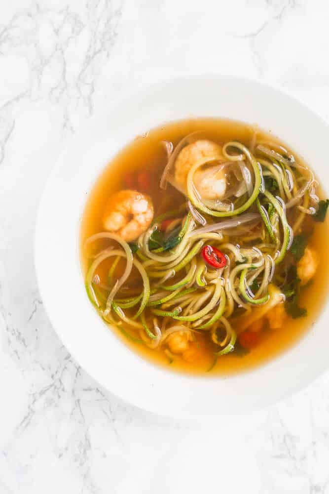 Tom Saab Goong with Spiralized Zucchini (Spicy Clear Soup with Shrimp)