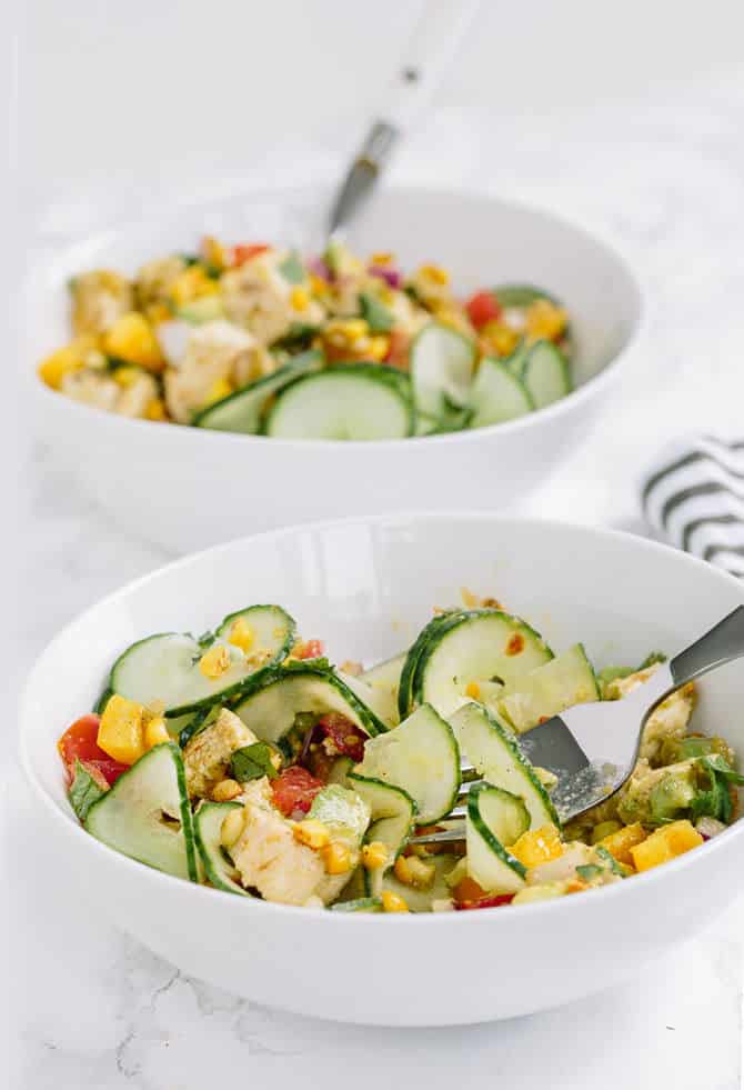 Summer Chopped Chicken Salad with Spiralized Cucumbers and Salsa Verde