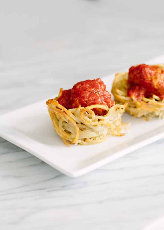 Spiralized Potato Noodle Cups with Meatballs and Tomato Sauce