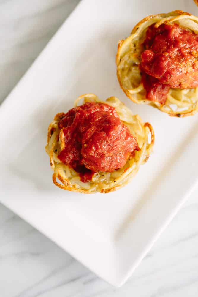 Spiralized Potato Noodle Cups with Meatballs and Tomato Sauce