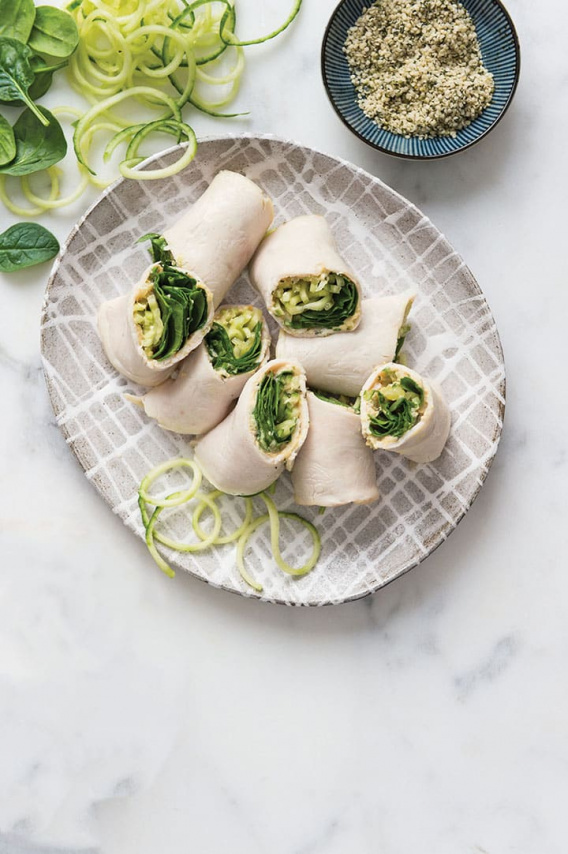 Turkey, Spinach, and Hummus Cucumber Noodle Roll-Ups