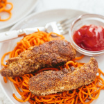 Flaxseed Crusted Chicken Tenders with Spiralized Sweet Potatoes