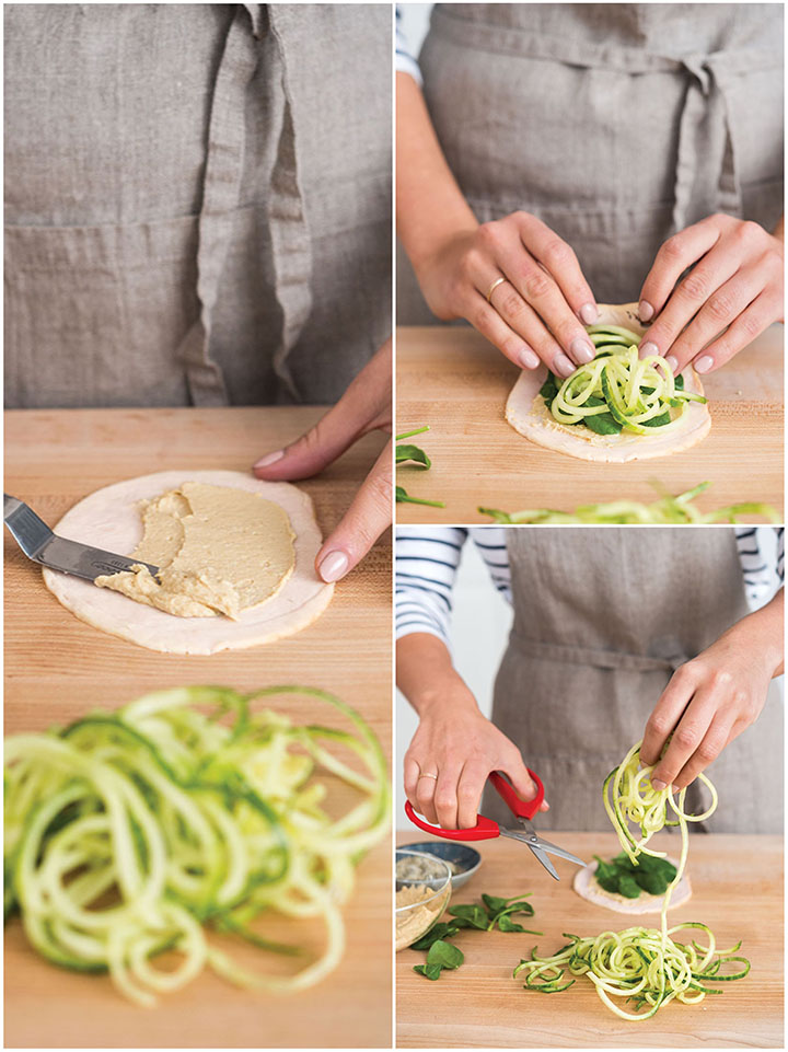 Turkey, Spinach, and Hummus Cucumber Noodle Roll-Ups with Applegate