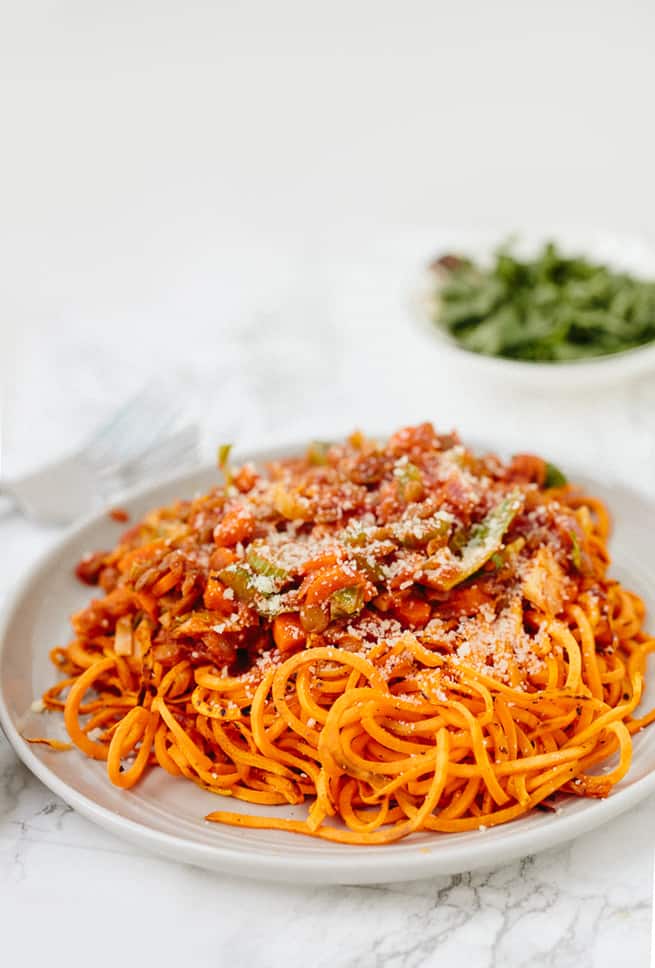 Sweet Potato Noodles with Brussels Sprouts and Lentil Ragu 