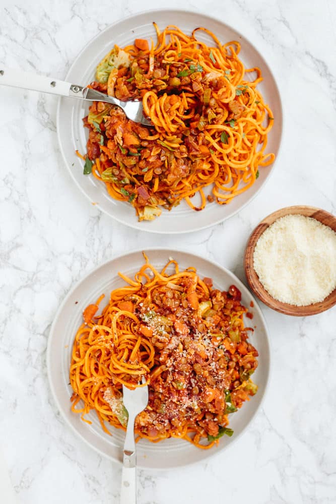 Sweet Potato Noodles with Brussels Sprouts and Lentil Ragu