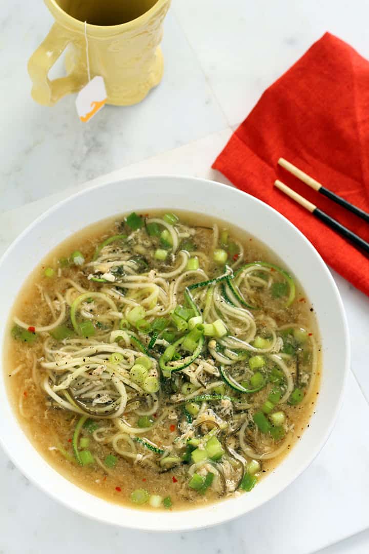 Spicy Ginger Scallion & Egg Drop Zucchini Noodle Bowl