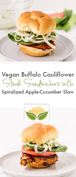 Vegan Buffalo Cauliflower Steak Sandwiches with Spiralized Apple-Cucumber Slaw