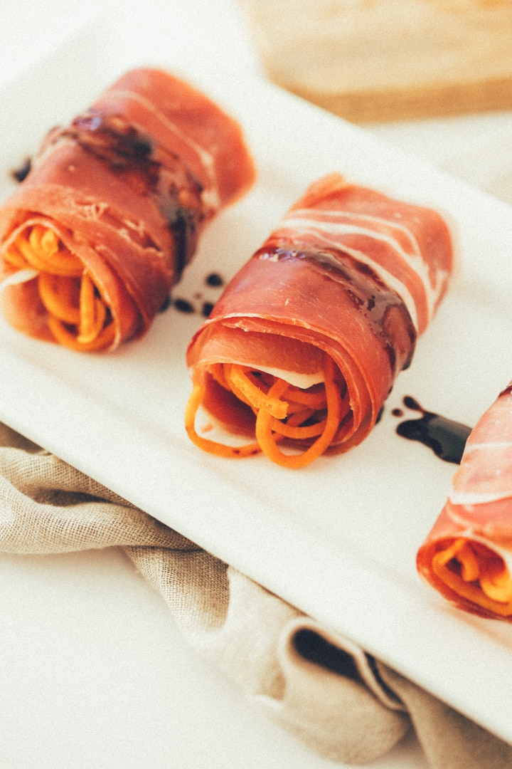 Prosciutto Wrapped Maple-Balsamic Sweet Potato Noodle Rolls