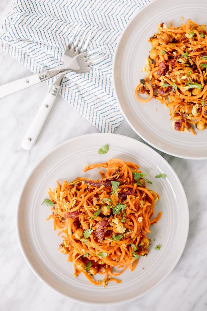 Chickpea-Bacon Carbonara with Spiralized Sweet Potatoes