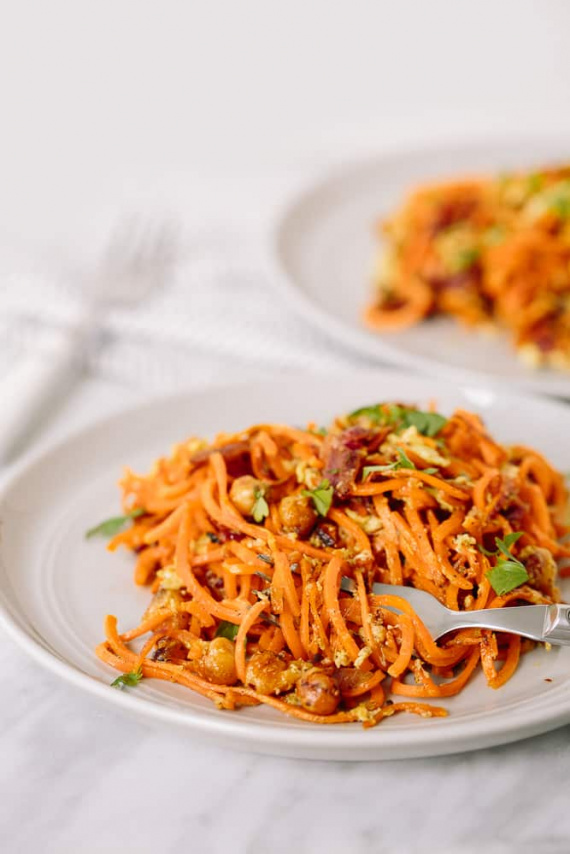 Chickpea-Bacon Carbonara with Spiralized Sweet Potatoes