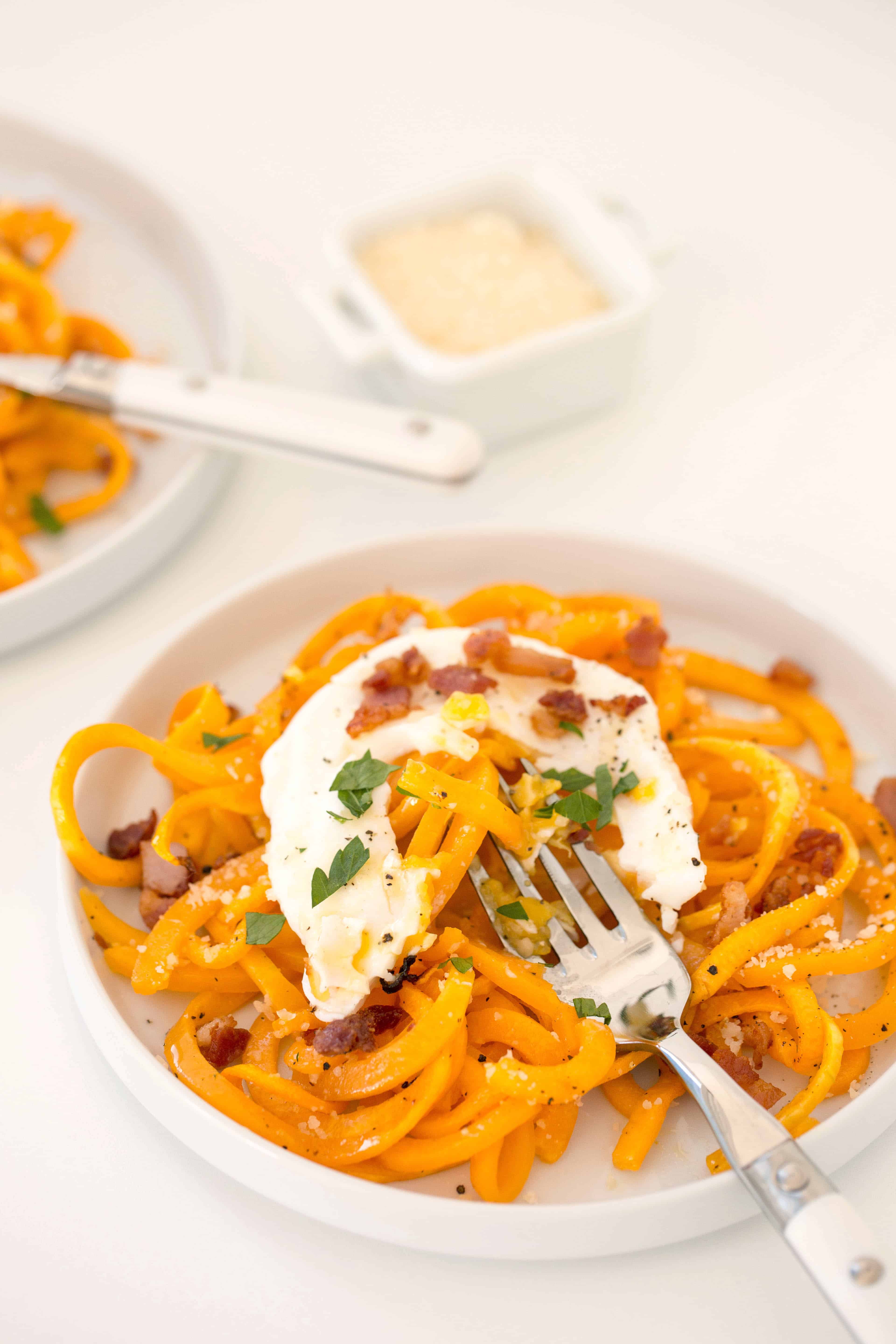 Butternut Squash Noodles with Pancetta and Poached Egg