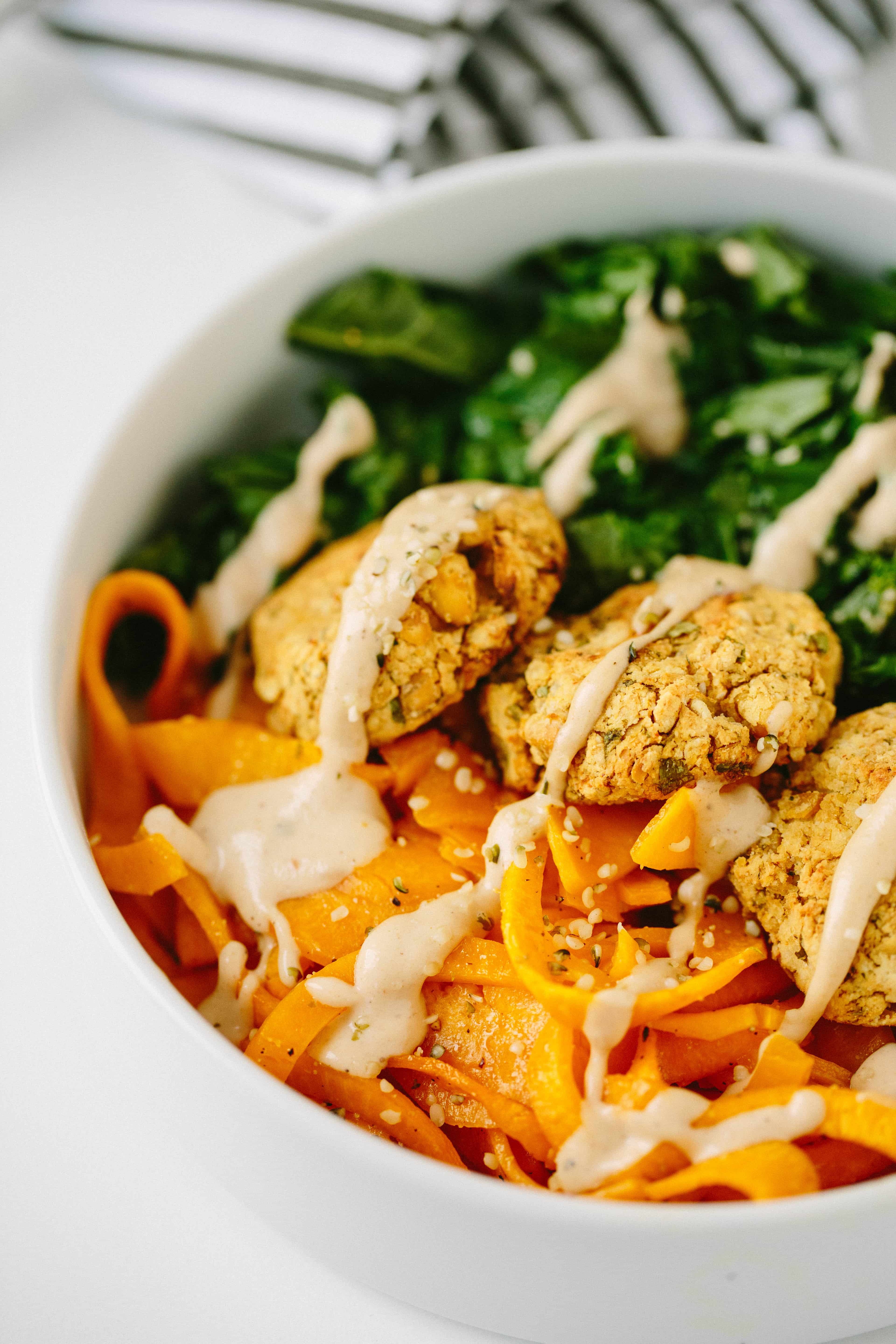 Kale and Falafel Bowls with Spiralized Butternut Squash