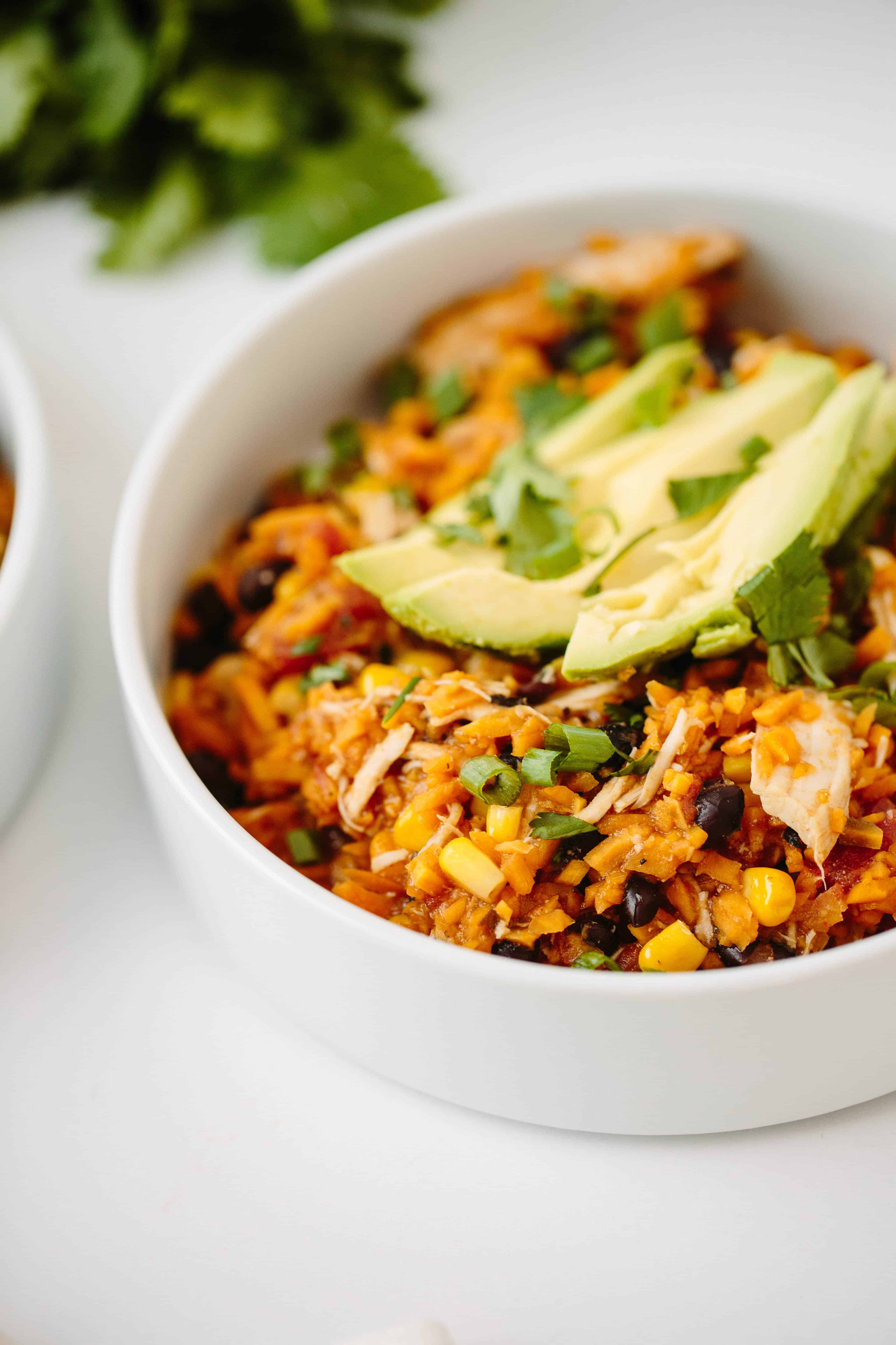 Slow Cooker Chicken Burrito Bowls with Spiralized Sweet Potato Rice