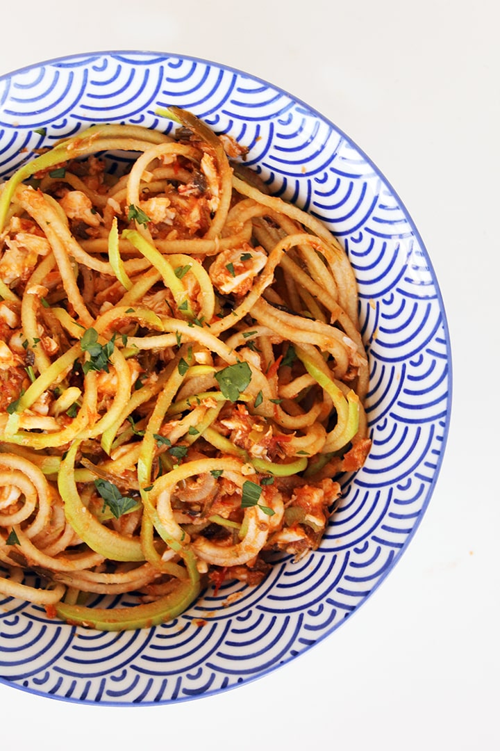 ROASTED GARLIC SCAPE AND TOMATO CHAYOTE NOODLES WITH CRAB