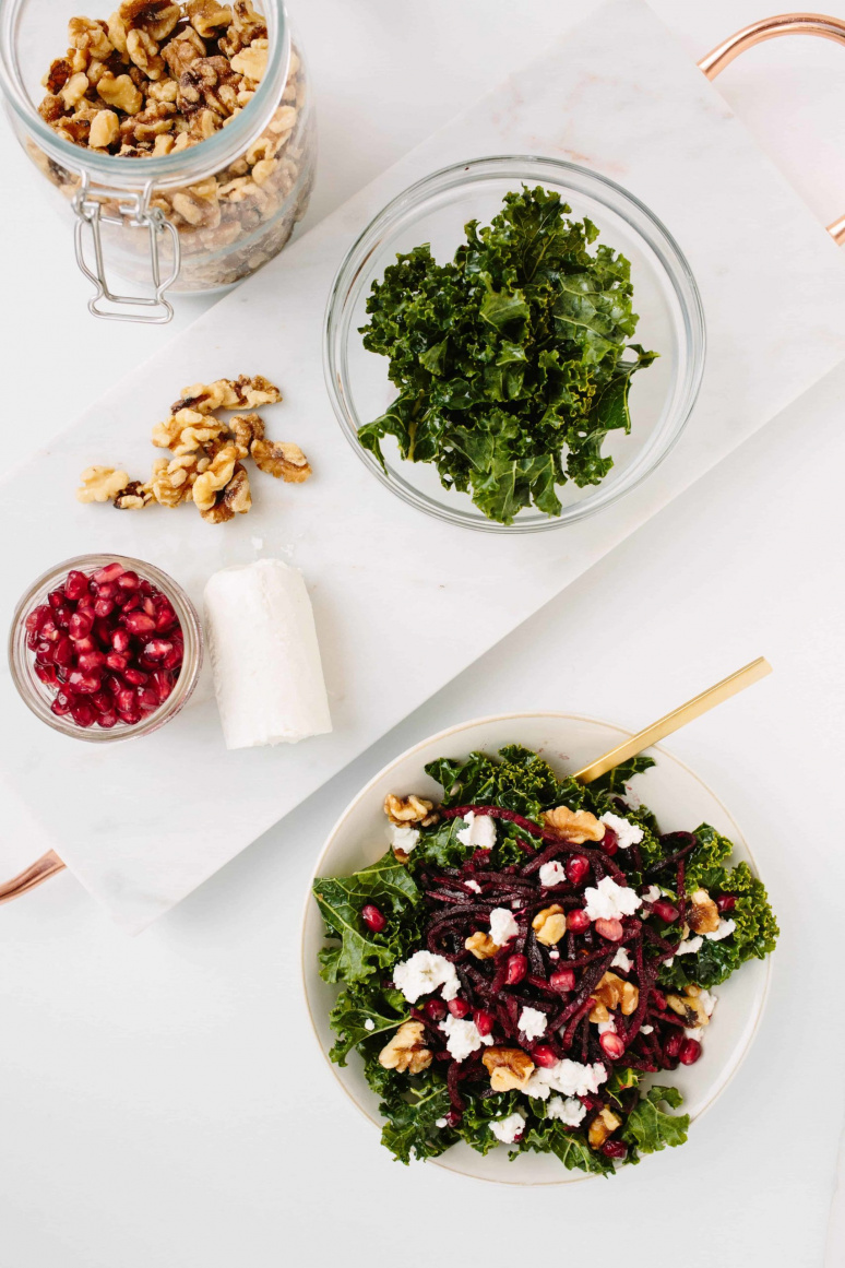 Winter Kale Bowl with Spiralized Beets and Goat Cheese