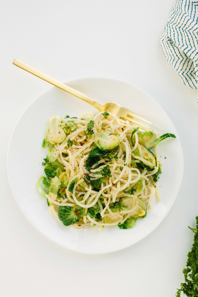 Spiralized Celeriac Pasta with Brussels Sprouts