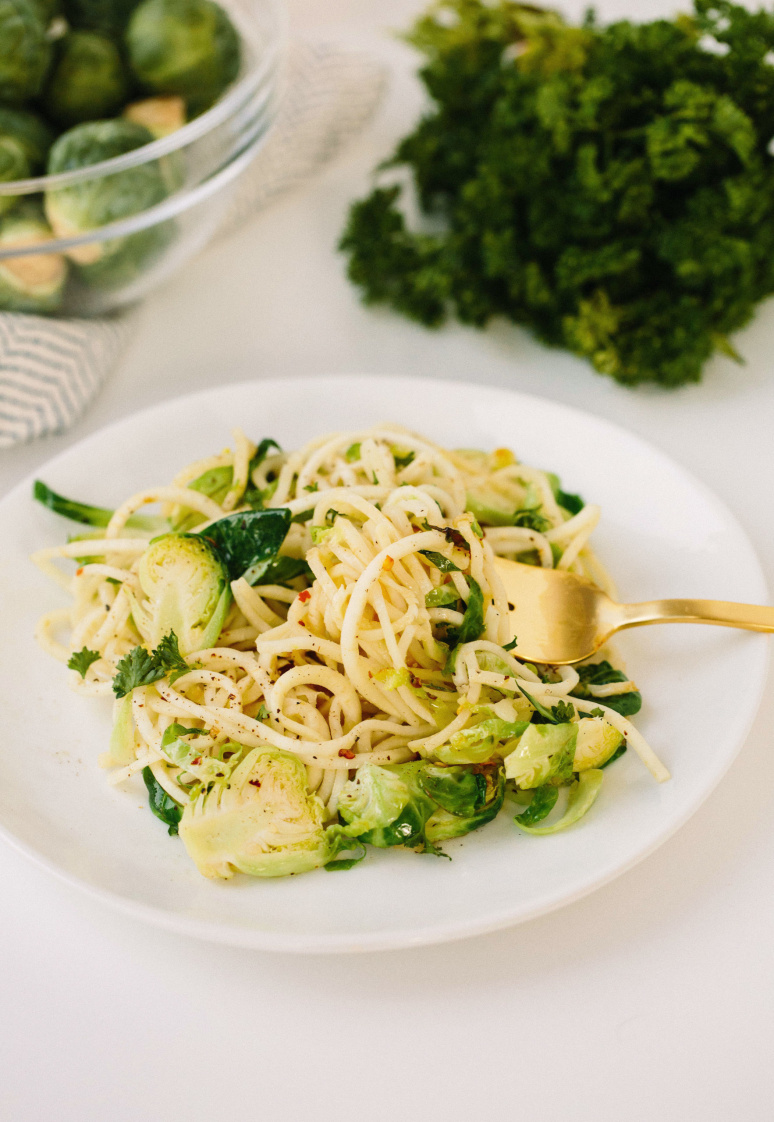 Spiralized Celeriac Pasta with Brussels Sprouts