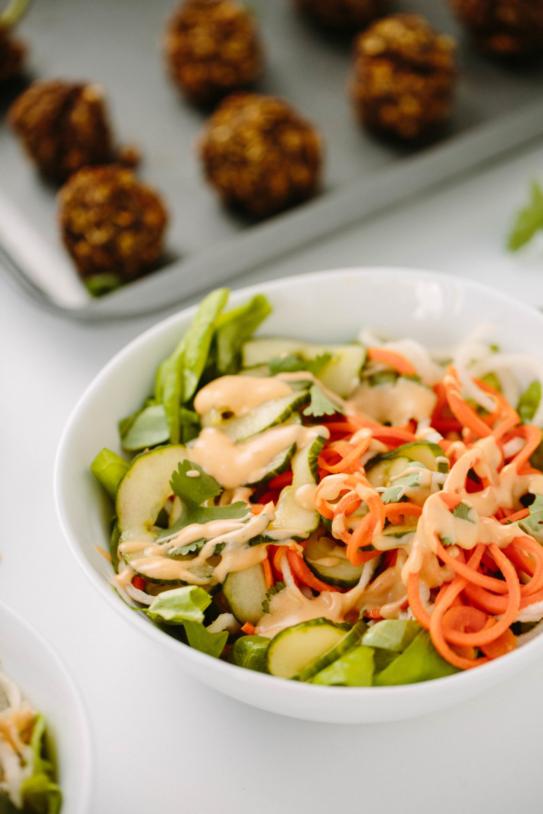 Spiralized Banh Mi Salad with Vegetarian Meatballs