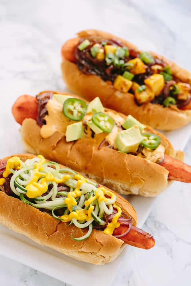  VEGAN CARROT DOGS WITH SPIRALIZED TOPPINGS (FOUR WAYS!)