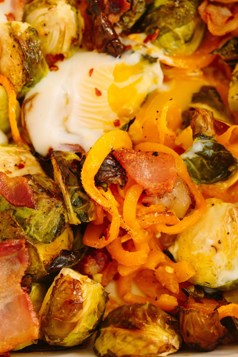Brussels Sprouts, Bacon and Spiralized Sweet Potato Bake