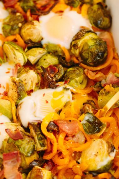 Brussels Sprouts, Bacon and Spiralized Butternut Squash Bake