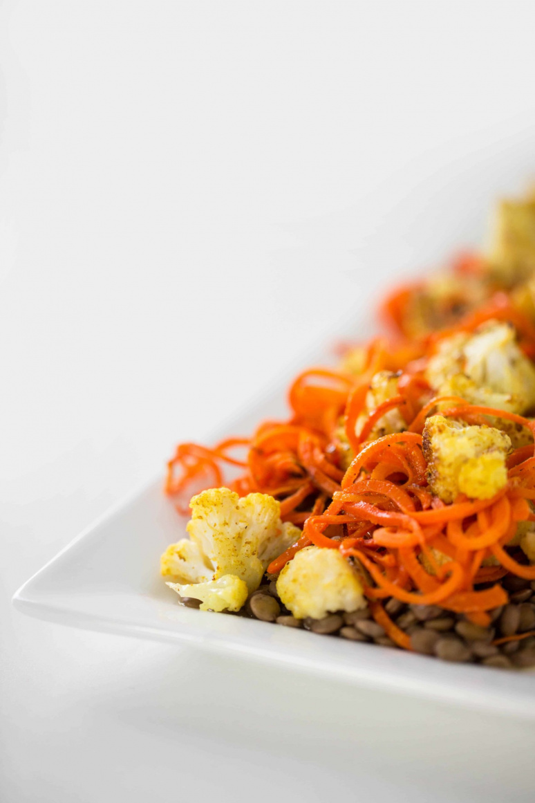 Curried Cauliflower and Lentil Salad with Carrot Noodles and Honey-Cumin Dressing