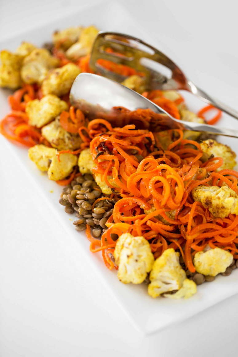 Curried Cauliflower and Lentil Salad with Carrot Noodles and Honey-Cumin Dressing