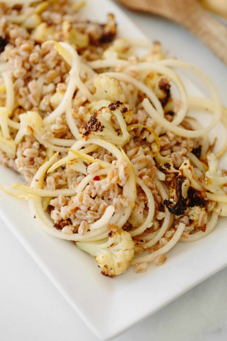 Farro, Roasted Cauliflower Salad and Pear Noodle with Parmesan-Lemon Dressing