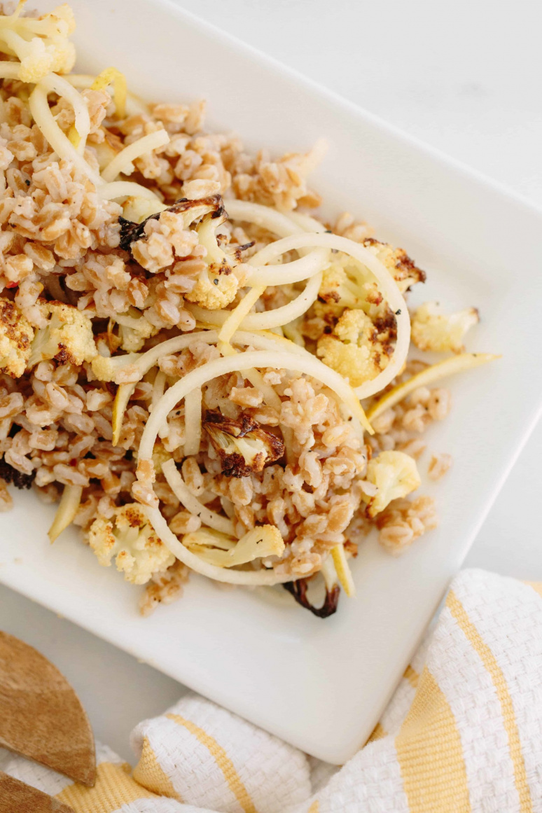 Farro, Roasted Cauliflower Salad and Pear Noodle with Parmesan-Lemon Dressing