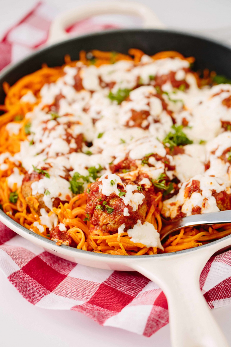 Chicken Meatball Parmigiana and Sweet Potato Noodle Bake