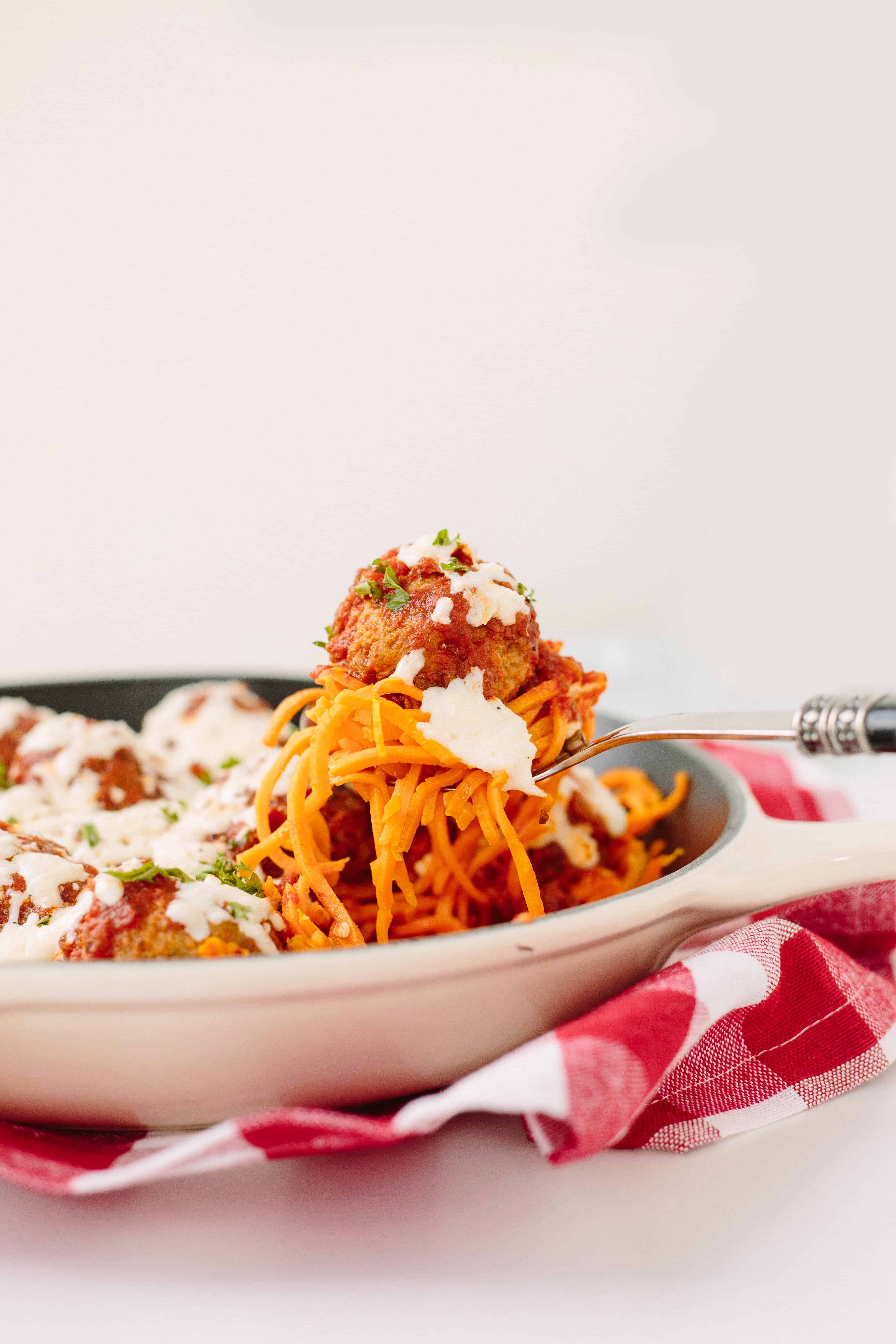 Chicken Meatball Parmigiana and Sweet Potato Noodle Bake
