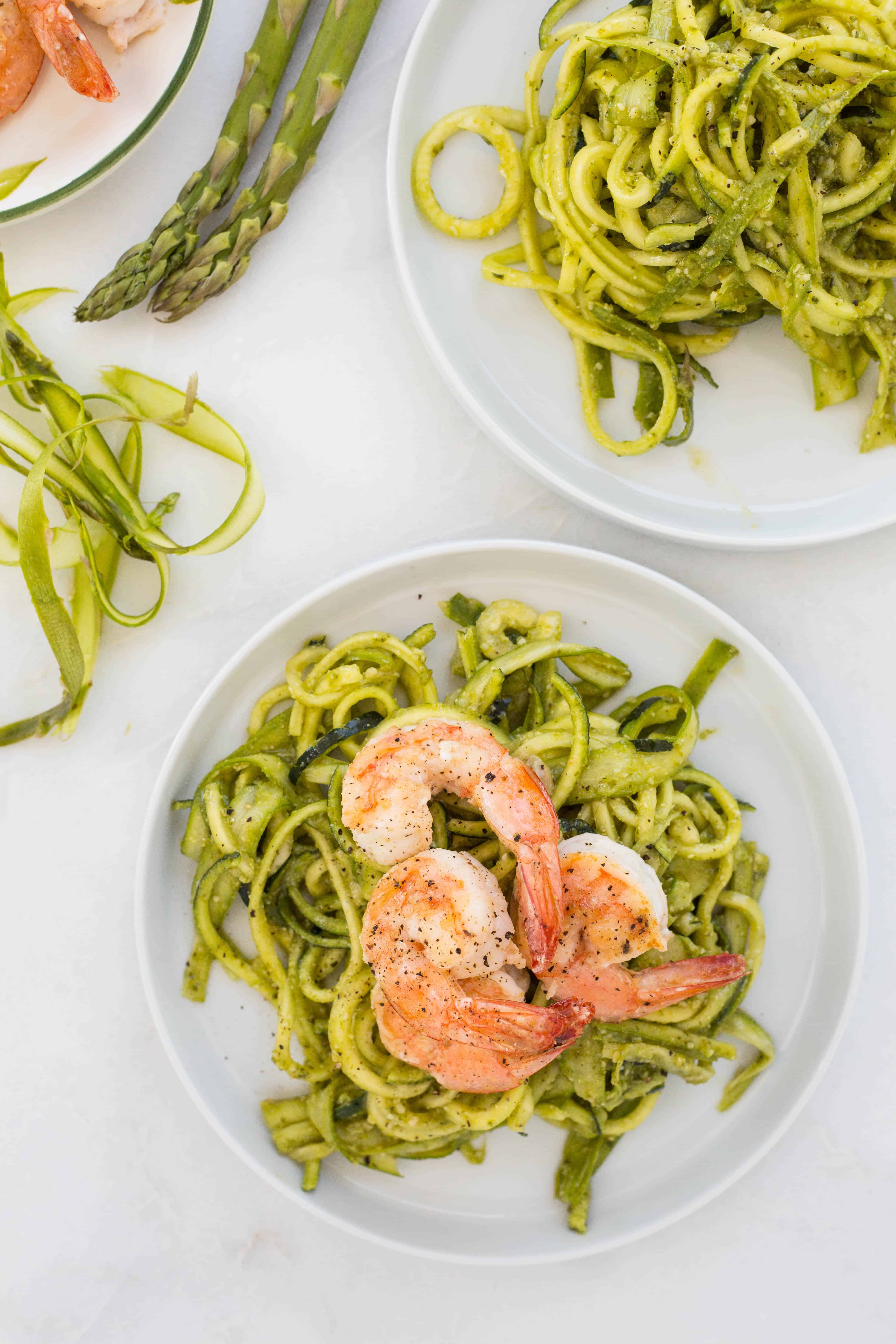 Pesto Zucchini Noodles with Shaved Asparagus and Shrimp