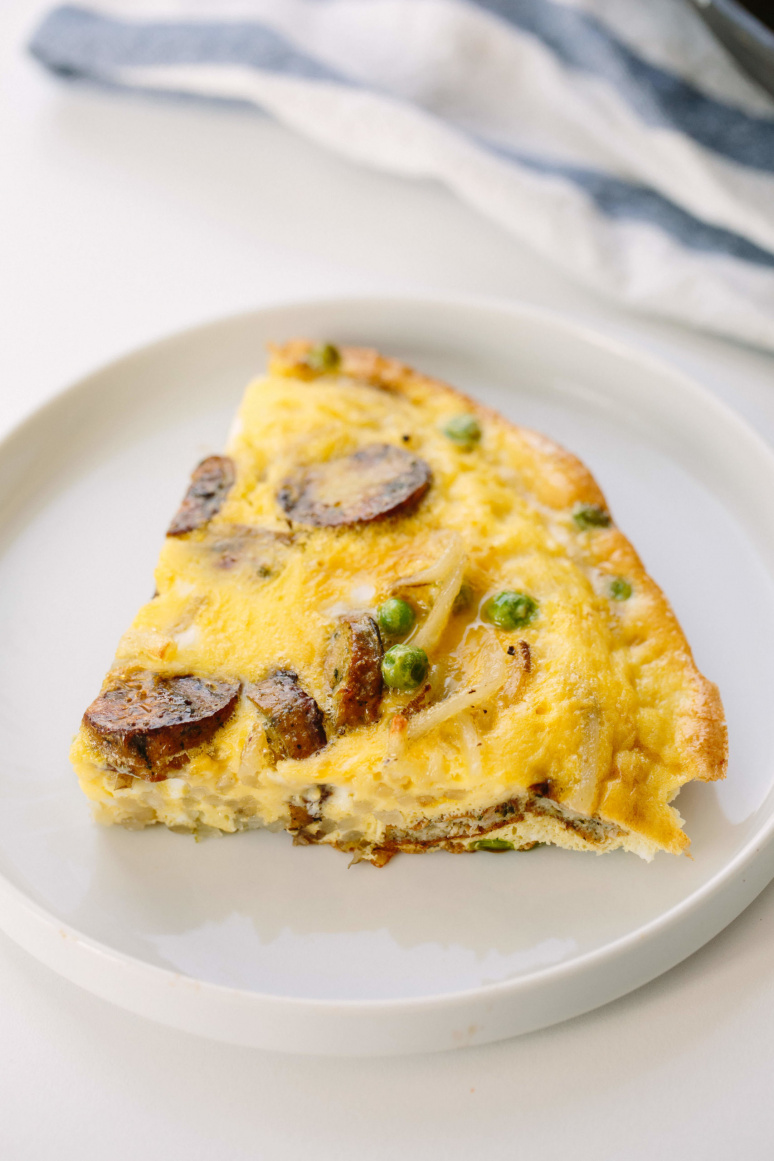 Spiralized Potato Breakfast Frittata with Sausage and Peas