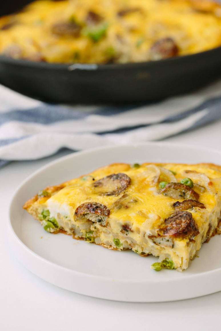 Spiralized Potato Breakfast Frittata with Sausage and Peas