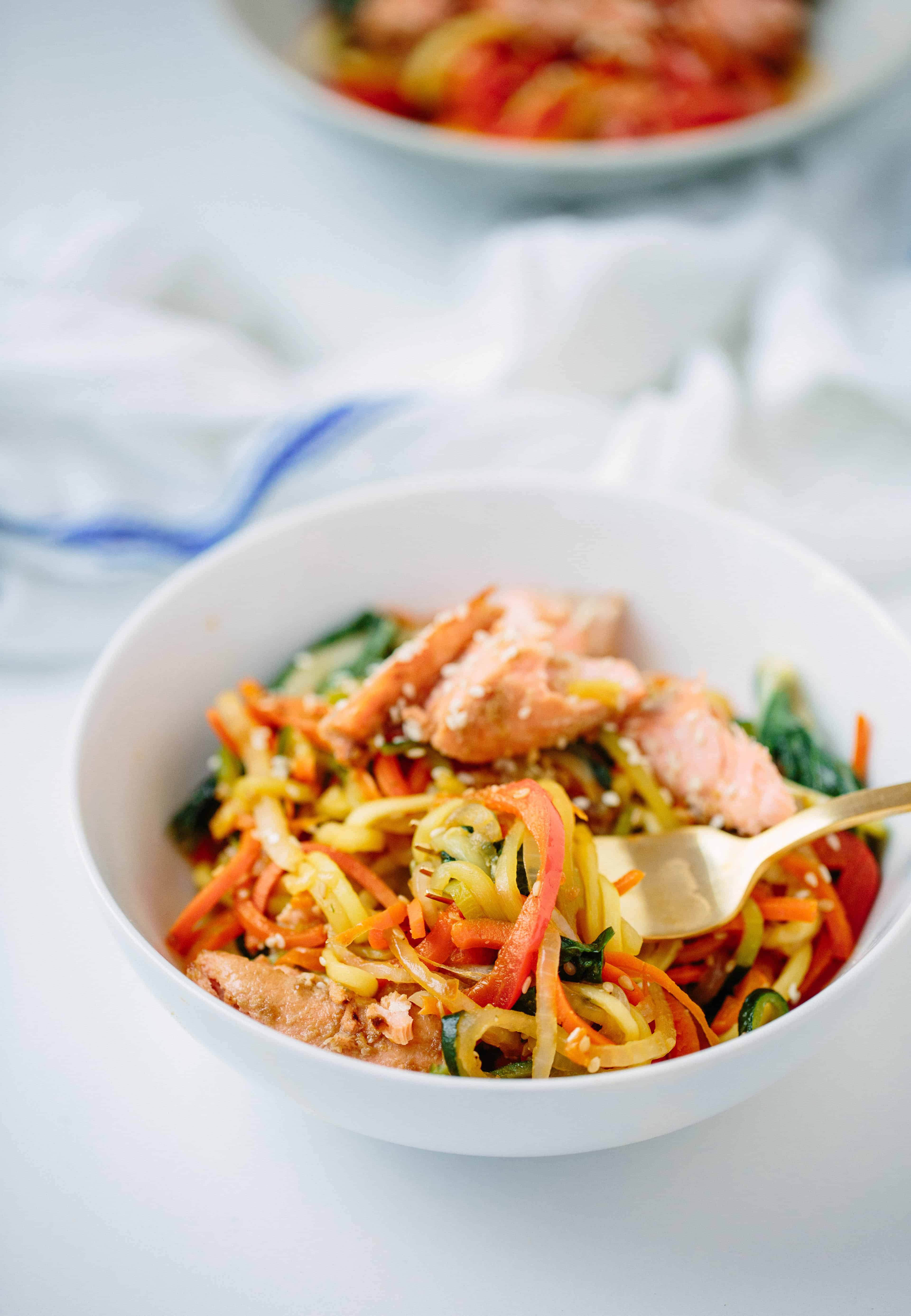 Soy-Ginger Salmon with Teriyaki Zucchini Noodle Stirfry