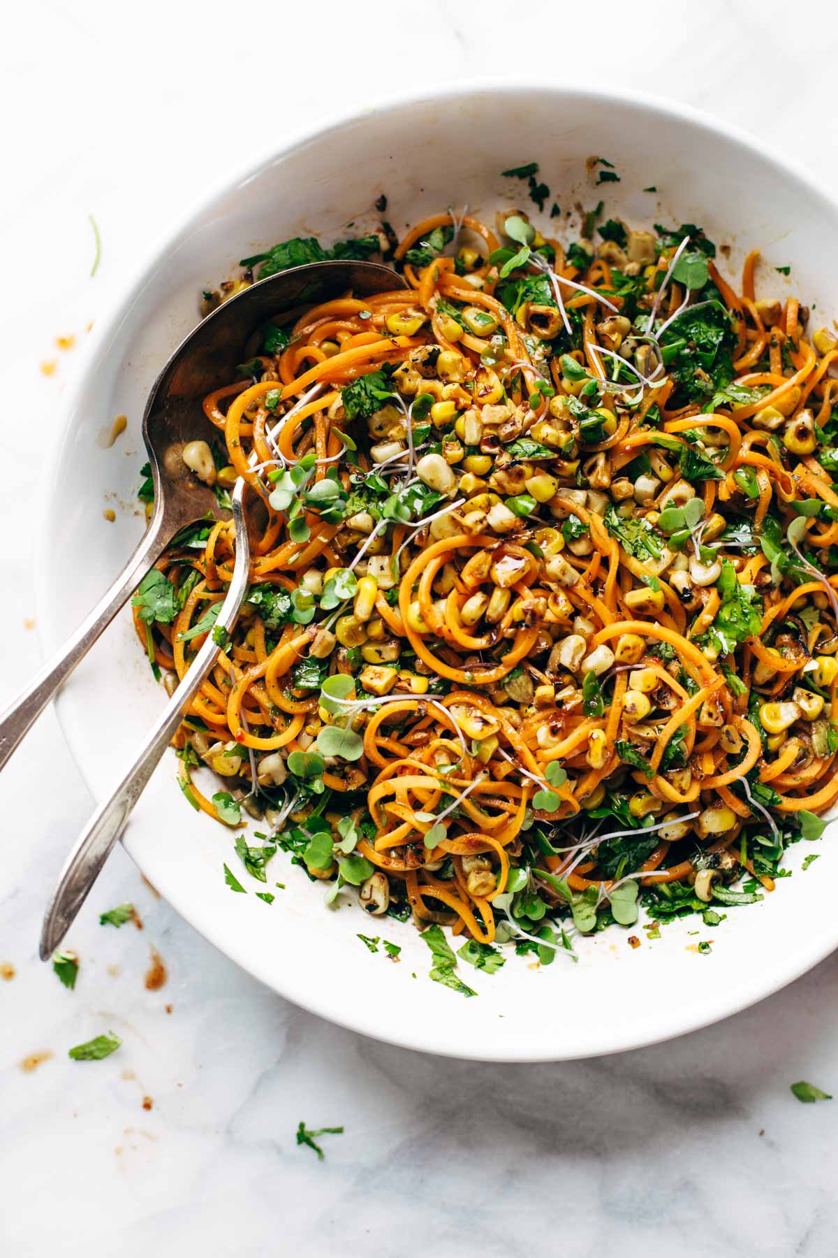 chipotle sweet potato noodle salad with roasted corn