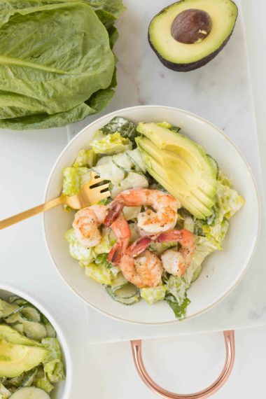 Shrimp and Cucumber Noodle Salad with Greek Yogurt Caesar Dressing