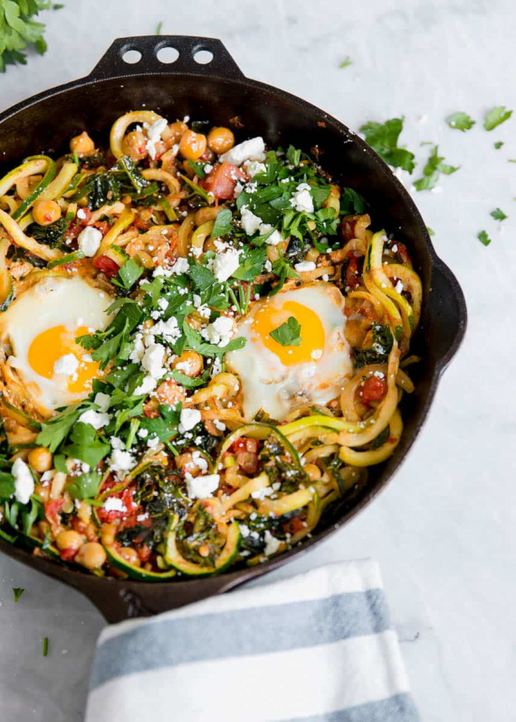 Harissa Zucchini Noodle and Kale Skillet with Feta