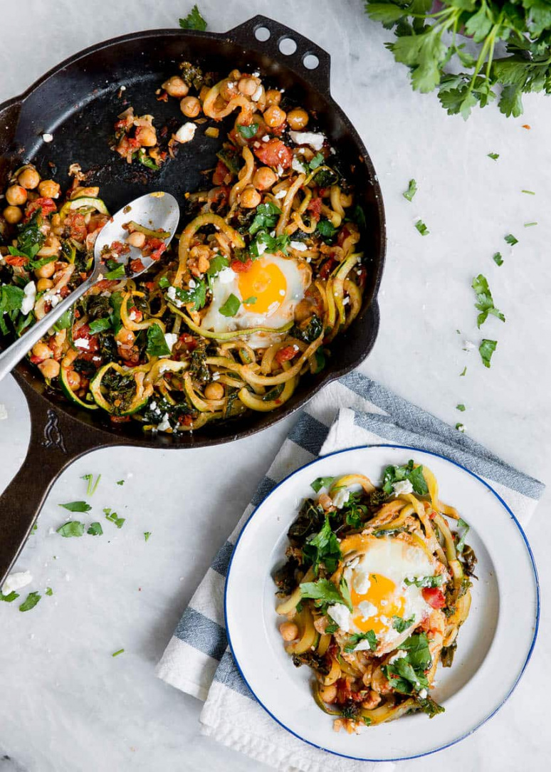 Harissa Zucchini Noodle and Kale Skillet with Feta
