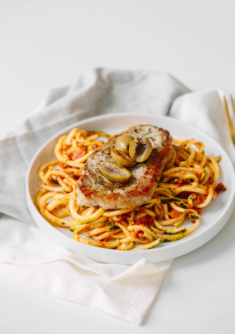 Thyme Pork Chops with Sundried Tomato Zucchini Noodles