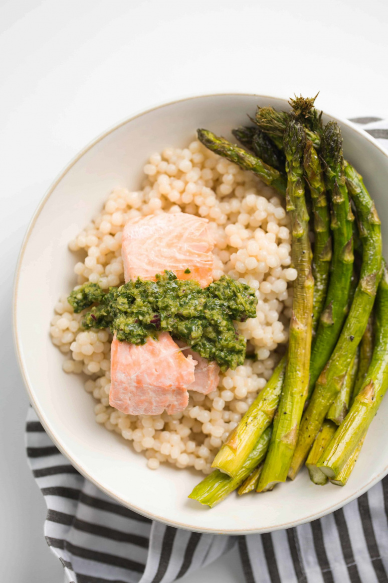 Poached Salmon with Chimichurri and Pearl Couscous