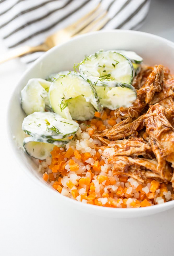 Riced Sweet Potato and Cauliflower with BBQ Chicken and Dill-Cucumber Noodle Salad