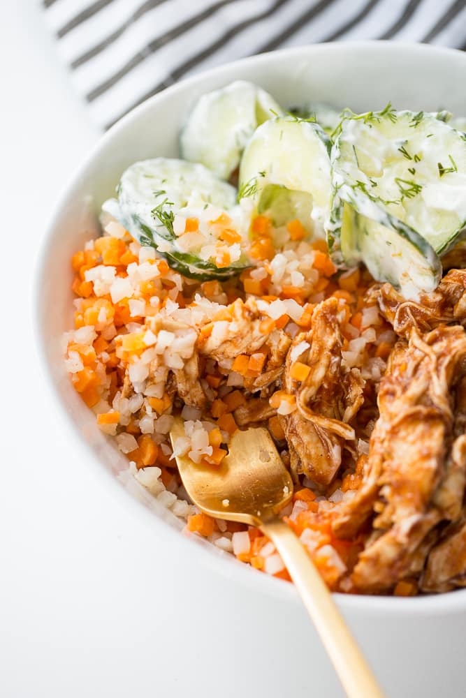 Riced Sweet Potato and Cauliflower with BBQ Chicken and Dill-Cucumber Noodle Salad