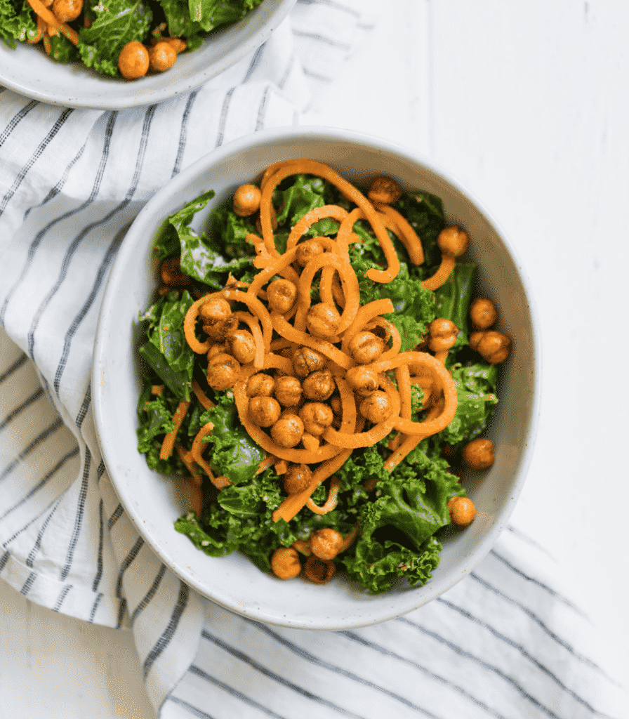 Vegan Kale and Sweet Potato Noodle Caesar Salad With Crispy Spiced Chickpeas, see more at //homemaderecipes.com/healthy/11-vegetable-spiralizer-recipes