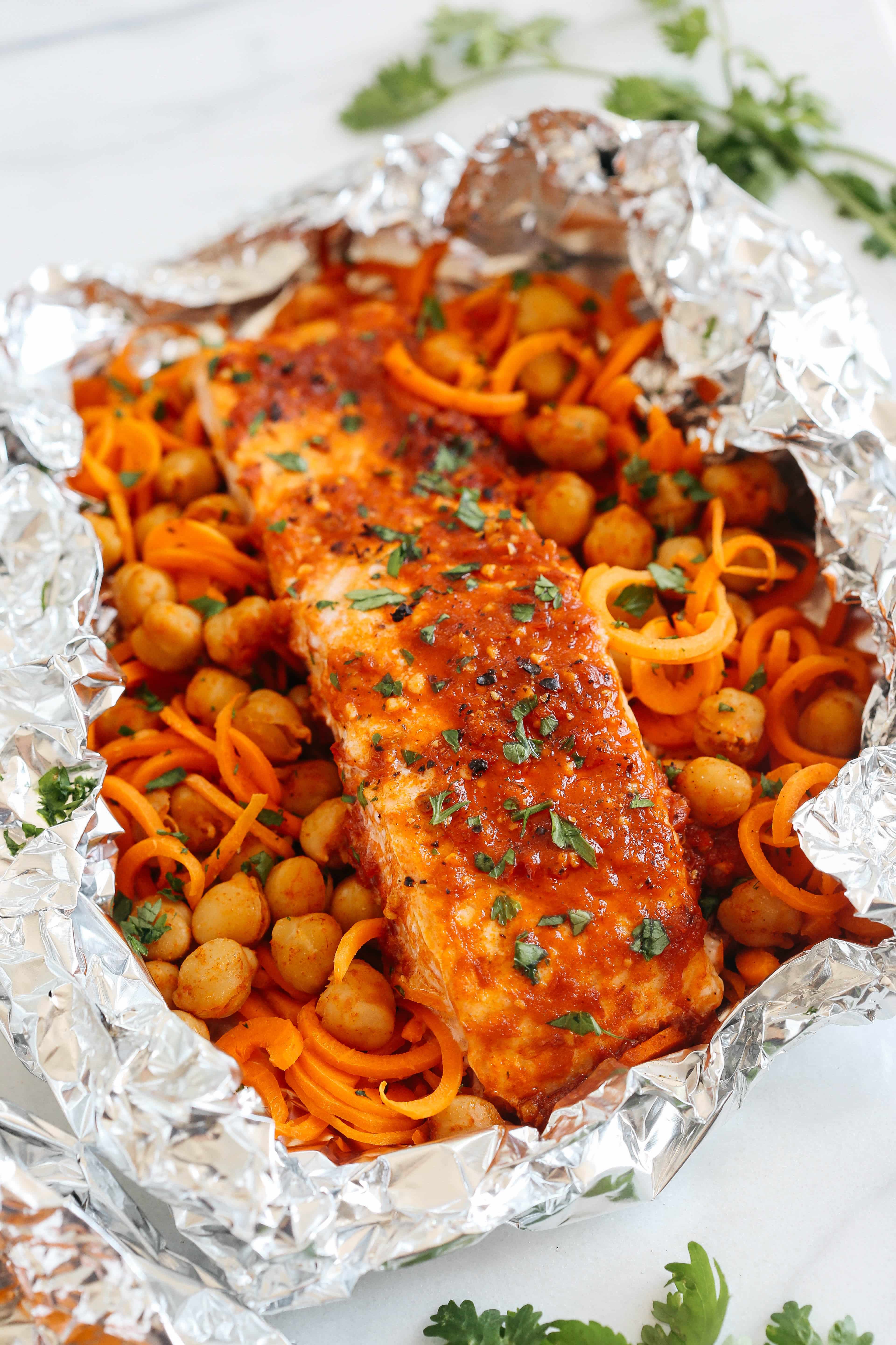 Moroccan Salmon Foil Packets with Carrot Noodles & Chickpeas